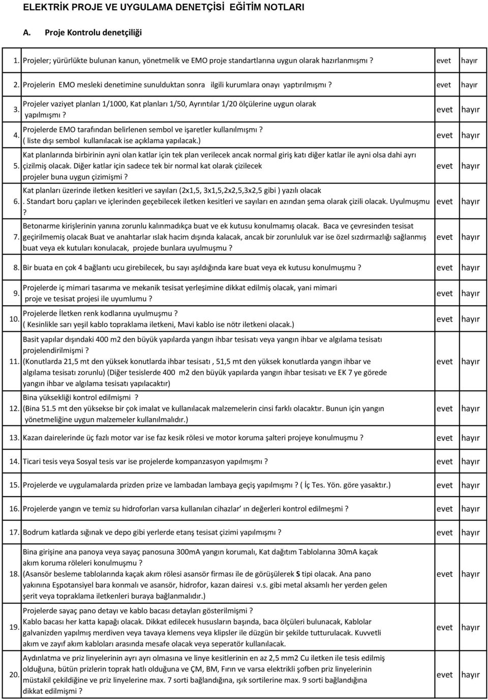 Projeler vaziyet planları 1/1000, Kat planları 1/50, Ayrıntılar 1/20 ölçülerine uygun olarak yapılmışmı? Projelerde EMO tarafından belirlenen sembol ve işaretler kullanılmışmı?