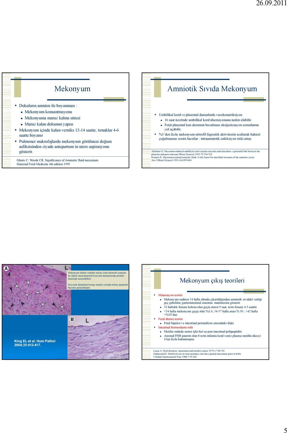 Significance of Amniotic fluid meconium Maternal Fetal Medicine 4th edition 1999 Umbilikal kord ve plasental damarlarda vazokonstriksiyon 16 saat üzerinde umbilikal kord ülserasyonuna neden olabilir.