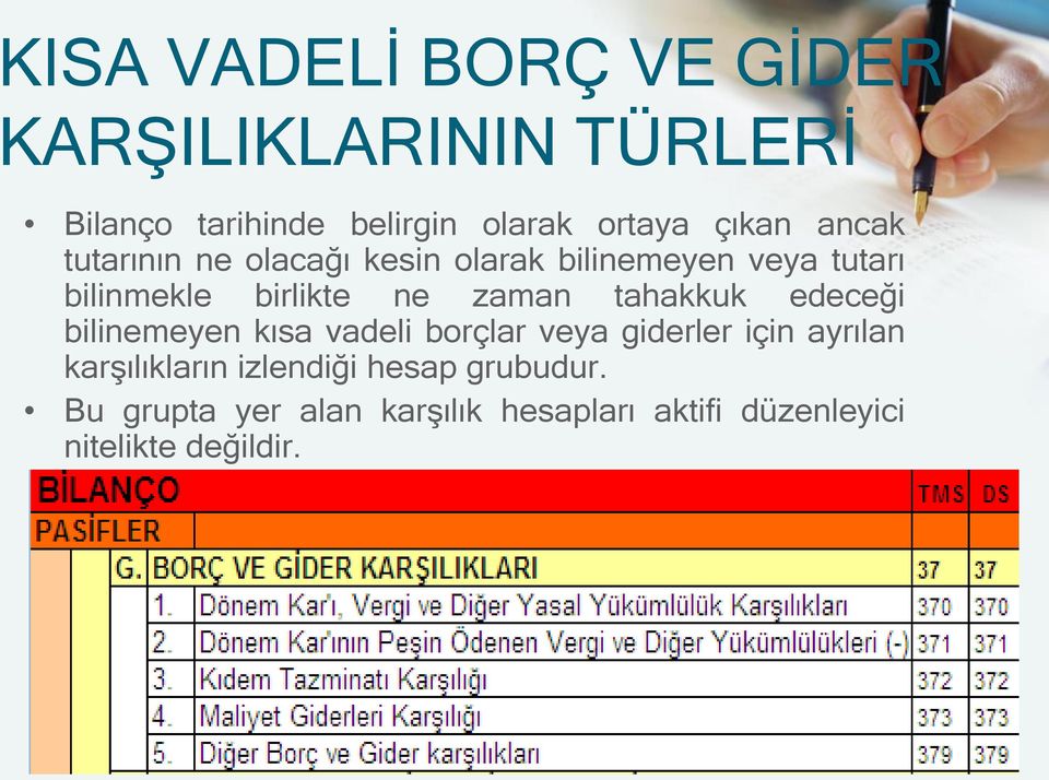 zaman tahakkuk edeceği bilinemeyen kısa vadeli borçlar veya giderler için ayrılan karşılıkların