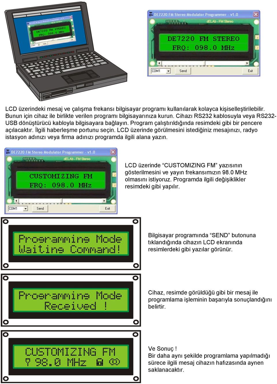 LCD üzerinde görülmesini istediğiniz mesajınızı, radyo istasyon adınızı veya firma adınızı programda ilgili alana yazın. LCD üzerinde CUSTOMIZING FM yazısının gösterilmesini ve yayın frekansımızın 98.