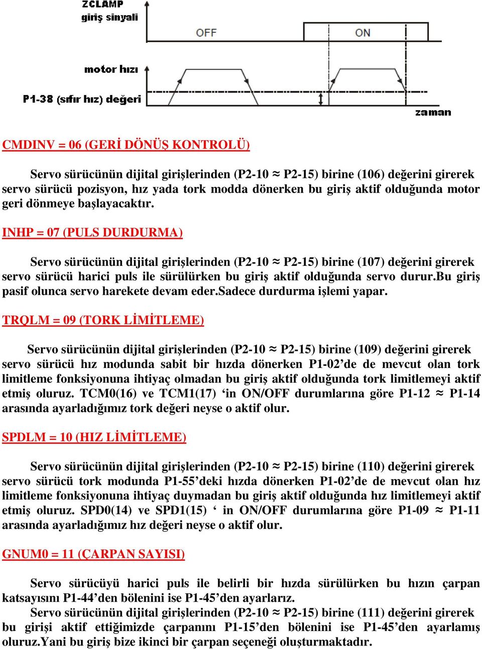 INHP = 07 (PULS DURDURMA) Servo sürücünün dijital girişlerinden (P2-10 P2-15) birine (107) değerini girerek servo sürücü harici puls ile sürülürken bu giriş aktif olduğunda servo durur.