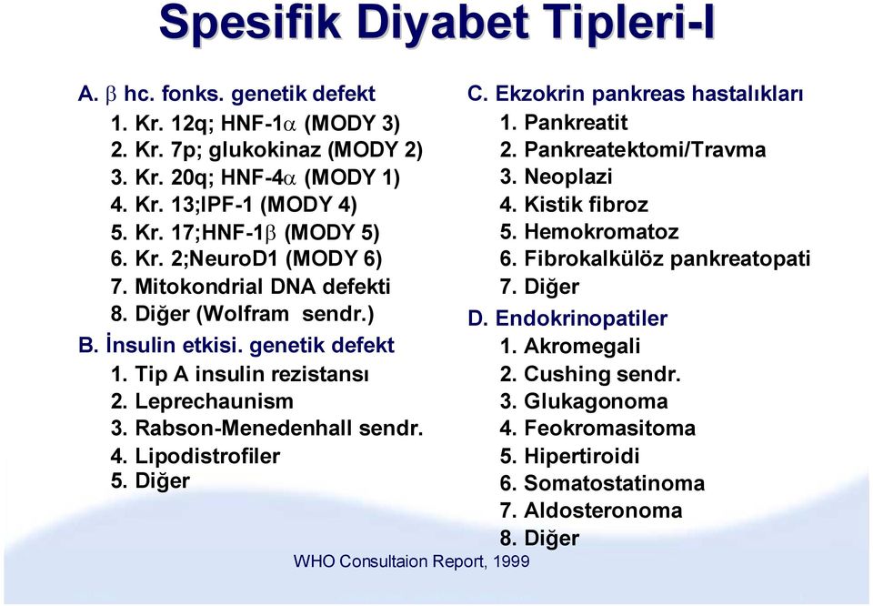 4. Lipodistrofiler 5. Diğer C. Ekzokrin pankreas hastalıkları 1. Pankreatit 2. Pankreatektomi/Travma 3. Neoplazi 4. Kistik fibroz 5. Hemokromatoz 6. Fibrokalkülöz pankreatopati 7.