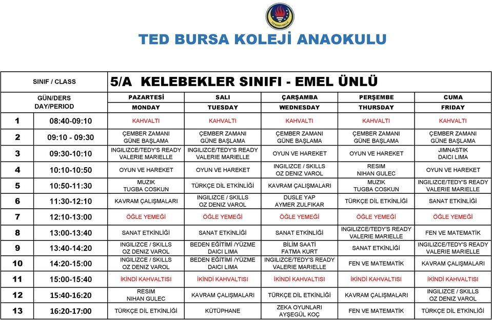 13:40-14:20 10 14:20-15:00 BİLİM SAATİ FATMA KURT KAVRAM ÇALIŞMALARI 12