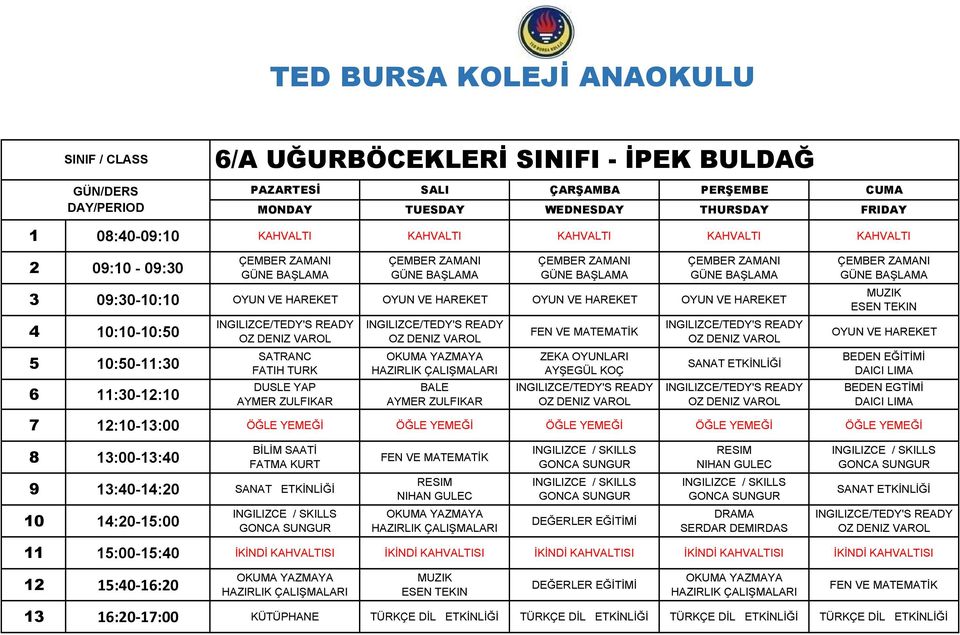 13:00-13:40 BİLİM SAATİ FATMA KURT 9 13:40-14:20 10 14:20-15:00 DEĞERLER