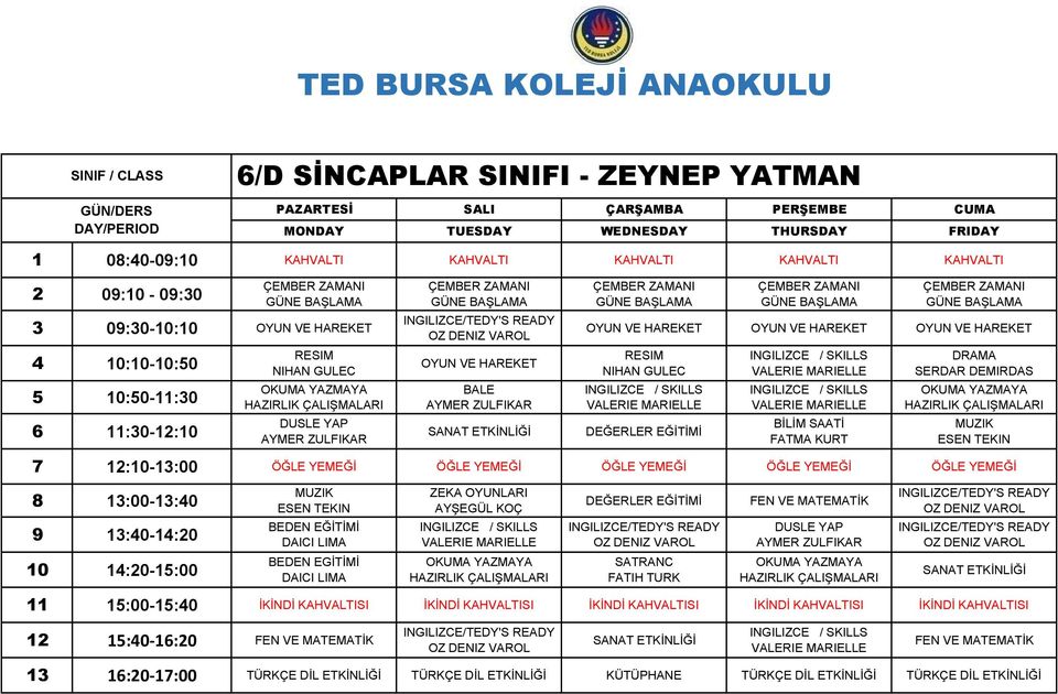 9 13:40-14:20 BEDEN EĞİTİMİ ZEKA OYUNLARI AYŞEGÜL KOÇ DEĞERLER EĞİTİMİ 10