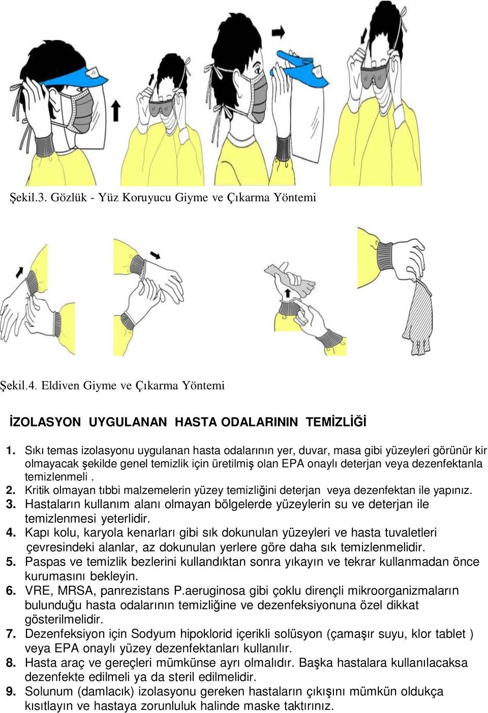 2. Kritik olmayan tıbbi malzemelerin yüzey temizliğini deterjan veya dezenfektan ile yapınız. 3. Hastaların kullanım alanı olmayan bölgelerde yüzeylerin su ve deterjan ile temizlenmesi yeterlidir. 4.