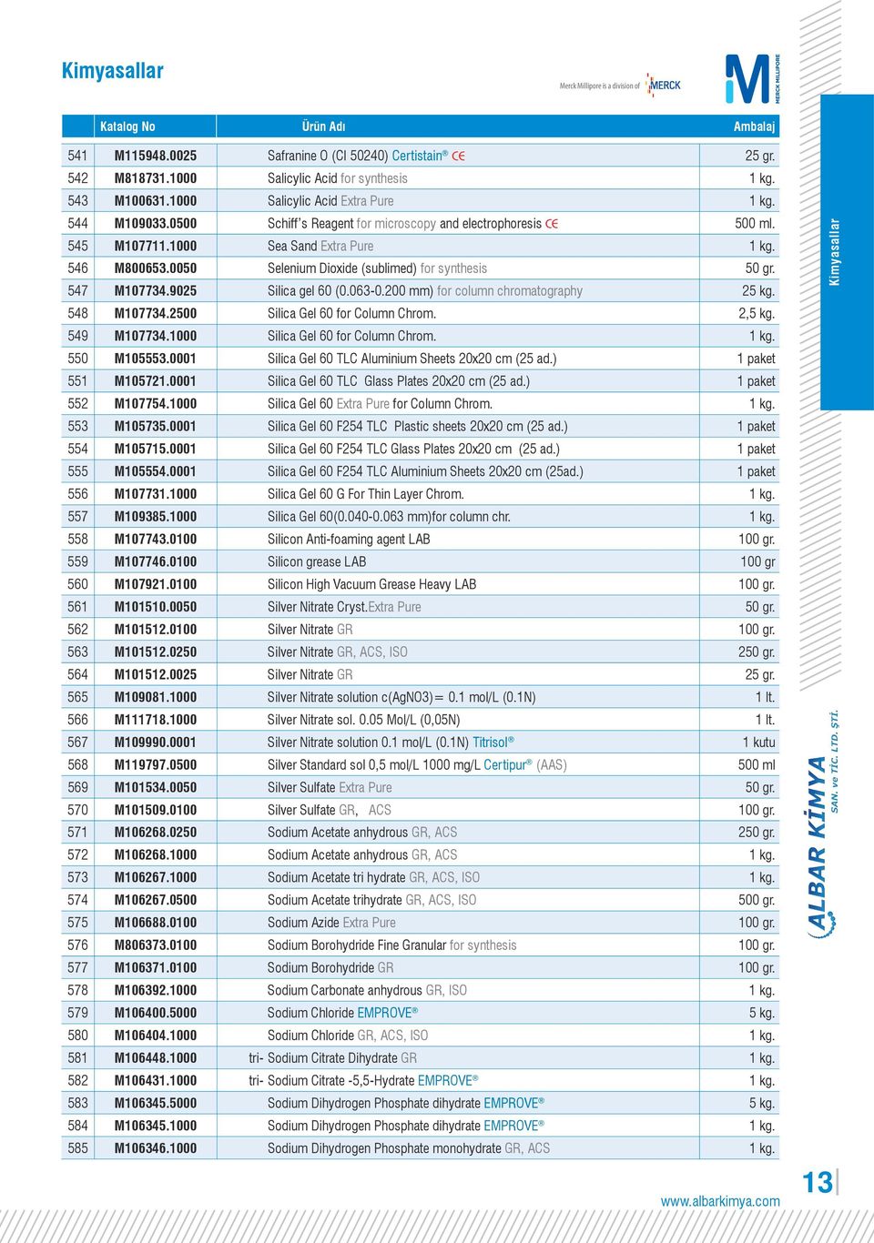 0050 Selenium Dioxide (sublimed) for synthesis 50 gr. 547 M107734.9025 Silica gel 60 (0.063-0.200 mm) for column chromatography 25 kg. 548 M107734.2500 Silica Gel 60 for Column Chrom. 2,5 kg.