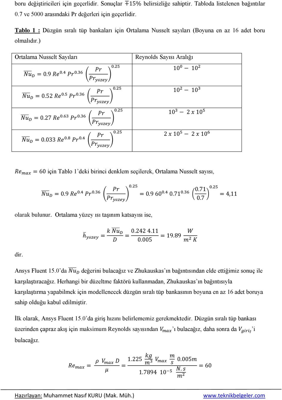 ) Ortalama Nusselt Sayıları Reynolds Sayısı Aralığı ( ) ( ) ( ) ( ) için Tablo 1 deki birinci denklem seçilerek, Ortalama Nusselt sayısı, ( ) ( ) olarak bulunur.