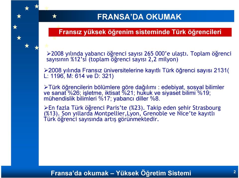 321) Türk öğrencilerin bölümlere göre dağılımı : edebiyat, sosyal bilimler ve sanat %26; işletme, iktisat %21; hukuk ve siyaset bilimi %19; mühendislik bilimleri