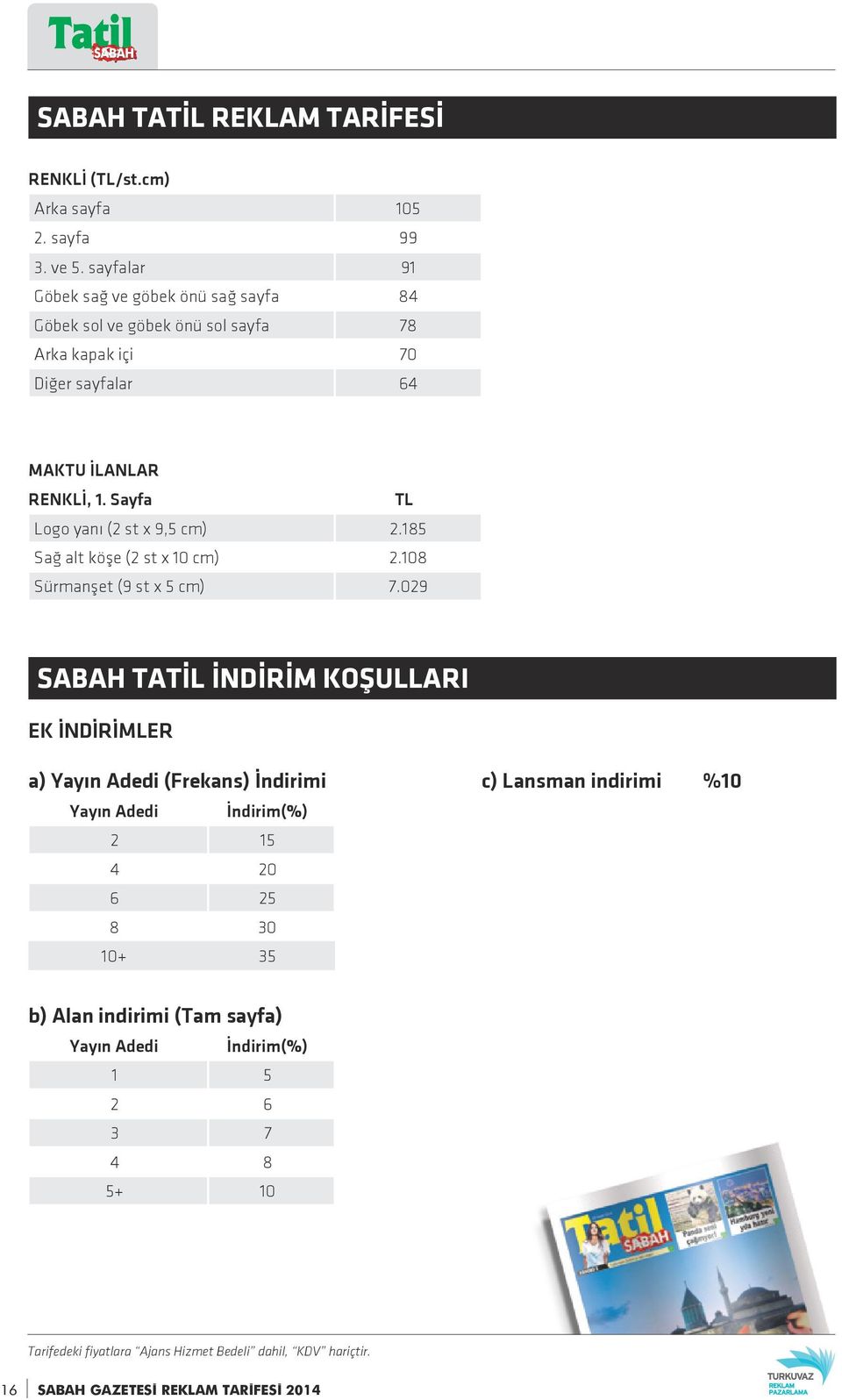 Sayfa TL Logo yanı (2 st x 9,5 cm) 2.185 Sağ alt köşe (2 st x 10 cm) 2.108 Sürmanşet (9 st x 5 cm) 7.