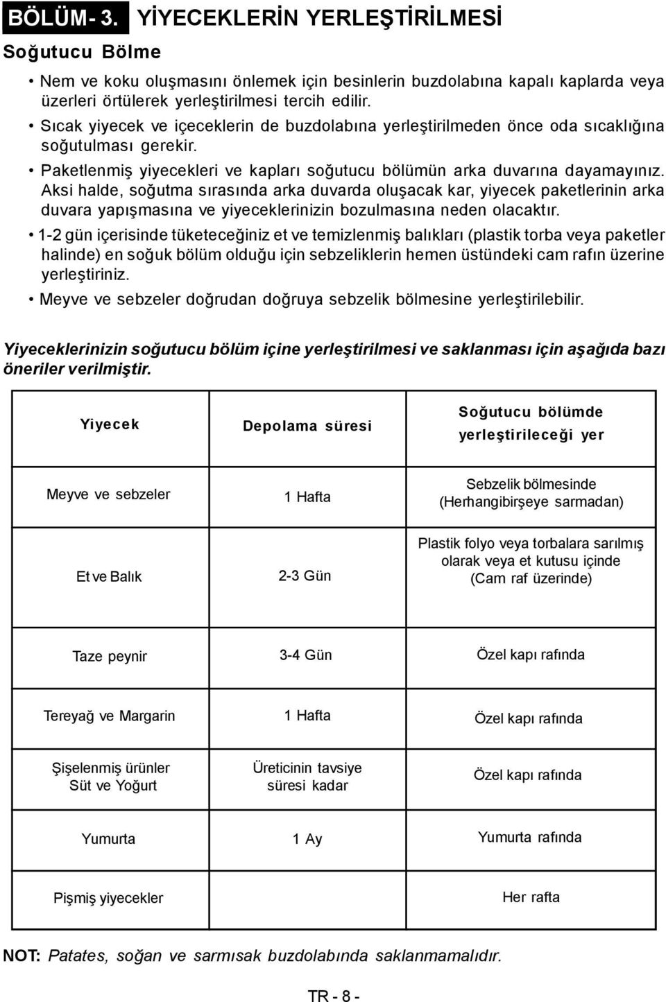 Aksi halde, soğutma sırasında arka duvarda oluşacak kar, yiyecek paketlerinin arka duvara yapışmasına ve yiyeceklerinizin bozulmasına neden olacaktır.