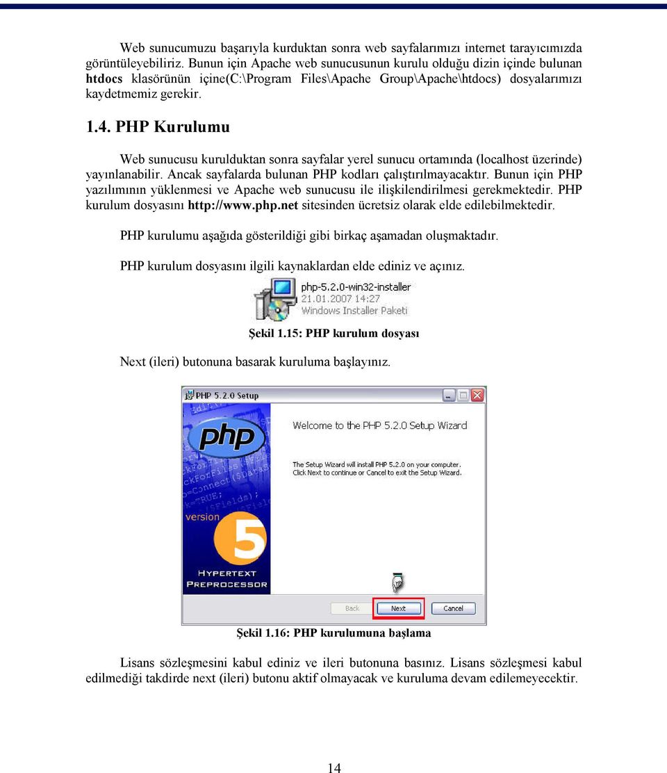 PHP Kurulumu Web sunucusu kurulduktan sonra sayfalar yerel sunucu ortamında (localhost üzerinde) yayınlanabilir. Ancak sayfalarda bulunan PHP kodları çalıştırılmayacaktır.