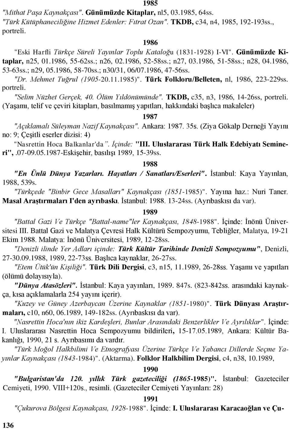 1986, 58-70ss.; n30/31, 06/07.1986, 47-56ss. "Dr. Mehmet Tuğrul (1905-20.11.1985)". Türk Folkloru/Belleten, nl, 1986, 223-229ss. portreli. "Selim Nüzhet Gerçek, 40. Ölüm Yıldönümünde".