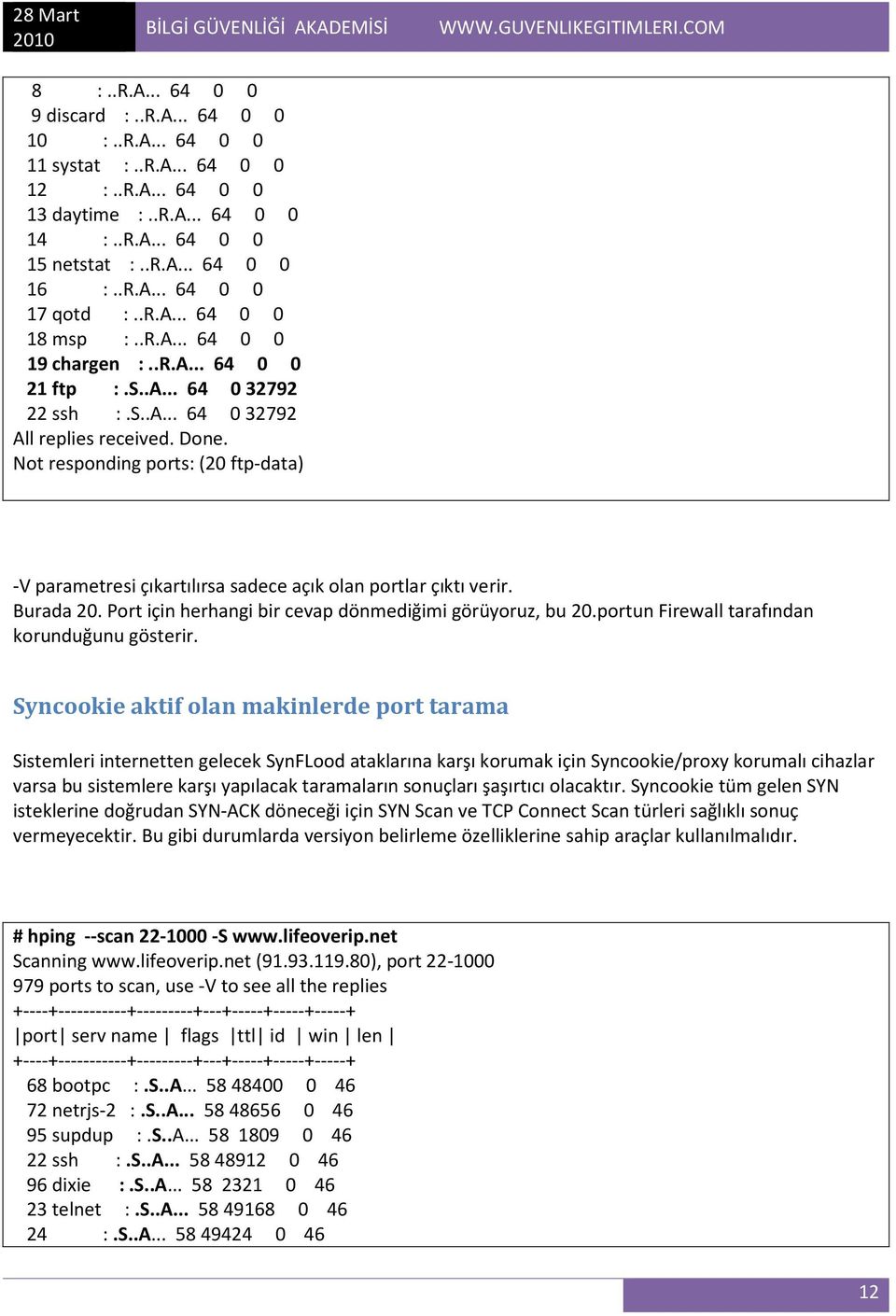 Not responding ports: (20 ftp-data) -V parametresi çıkartılırsa sadece açık olan portlar çıktı verir. Burada 20. Port için herhangi bir cevap dönmediğimi görüyoruz, bu 20.