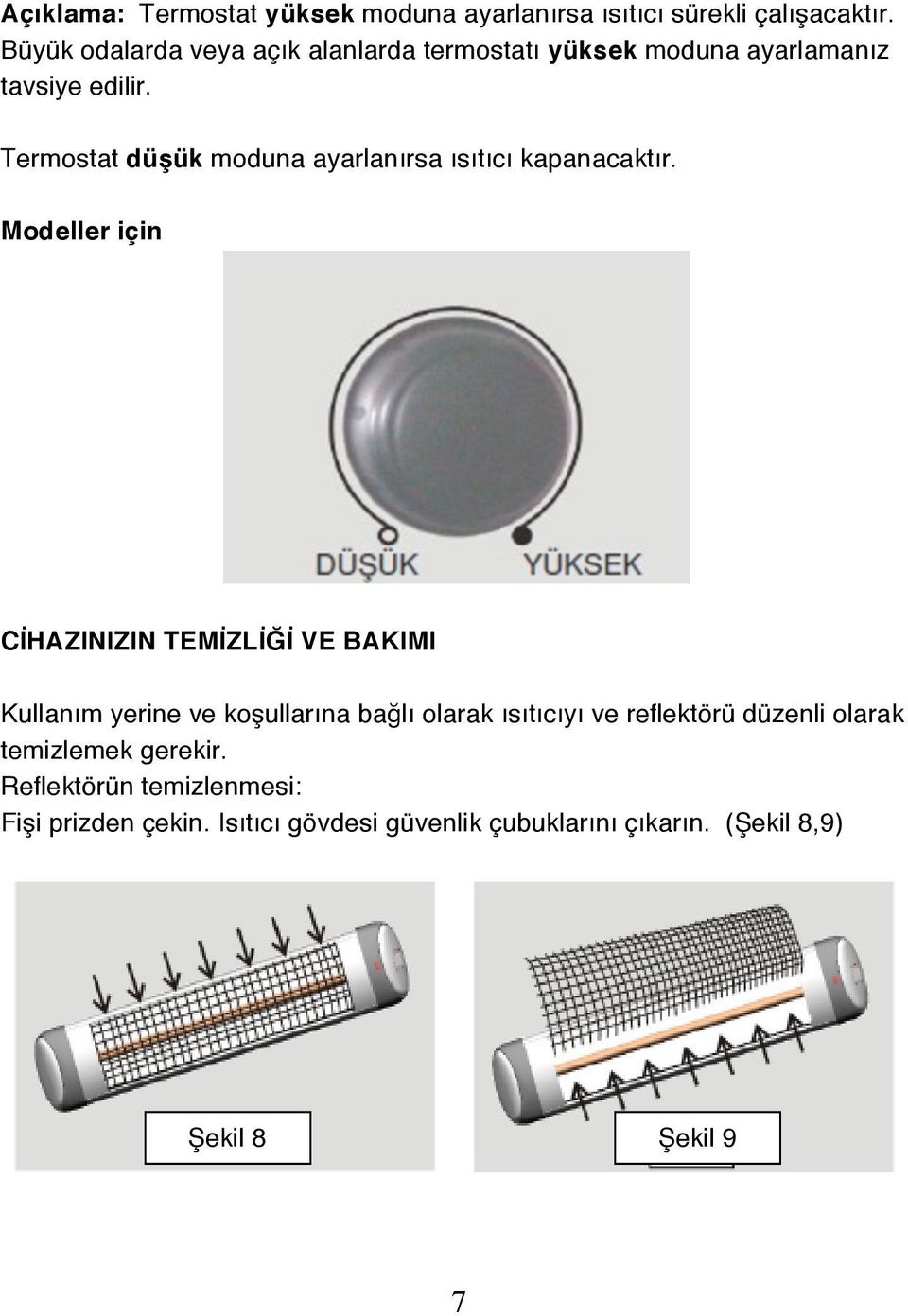 Termostat düşük moduna ayarlanırsa ısıtıcı kapanacaktır.