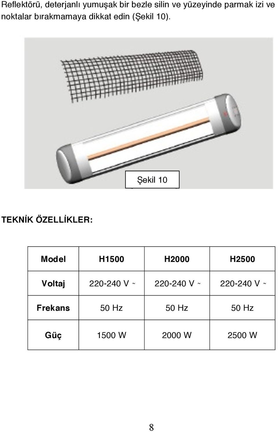 Şekil 10 TEKNİK ÖZELLİKLER: Model H1500 H2000 H2500 Voltaj