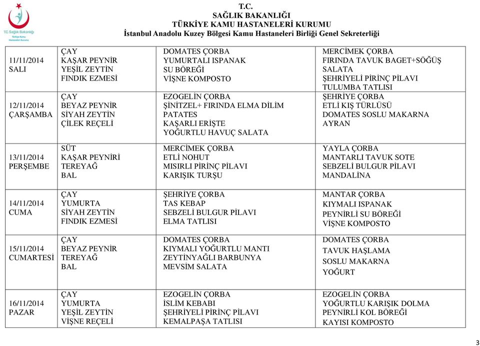 TAVUK SOTE MANDALİNA 14/11/2014 TAS KEBAP ELMA TATLISI KIYMALI ISPANAK PEYNİRLİ SU BÖREĞİ 15/11/2014 KIYMALI LU MANTI