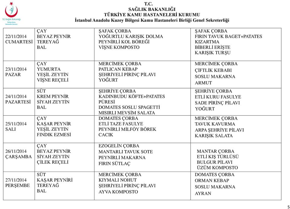 ETLİ KURU FASULYE SADE PİRİNÇ PİLAVI TAVUK KAVURMA ARPA ŞEHRİYE PİLAVI KARIŞIK SALATA 26/11/2014 27/11/2014 MANTARLI