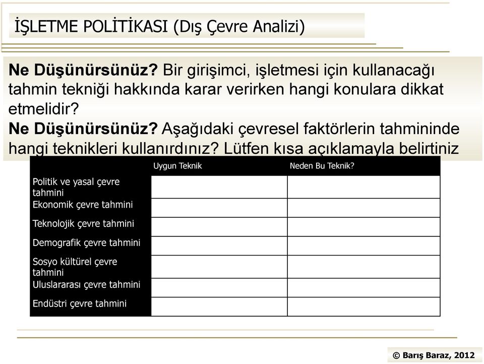 Aşağıdaki çevresel faktörlerin tahmininde hangi teknikleri kullanırdınız?