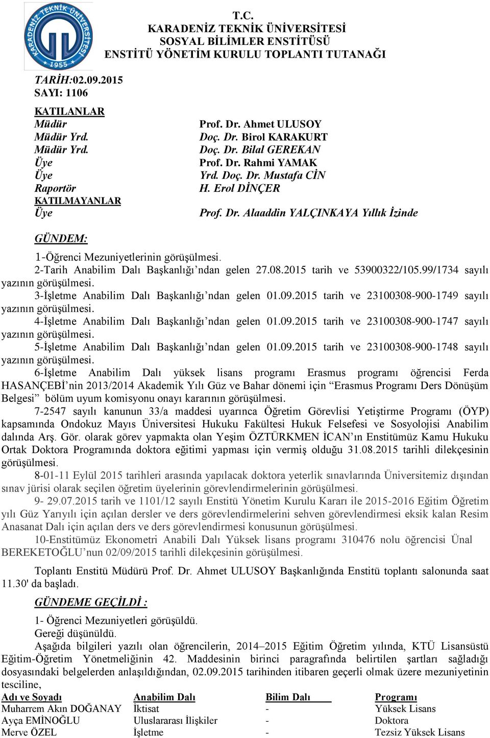 2-Tarih Başkanlığı ndan gelen 27.08.2015 tarih ve 53900322/105.99/1734 sayılı 3-İşletme Başkanlığı ndan gelen 01.09.2015 tarih ve 23100308-900-1749 sayılı 4-İşletme Başkanlığı ndan gelen 01.09.2015 tarih ve 23100308-900-1747 sayılı 5-İşletme Başkanlığı ndan gelen 01.