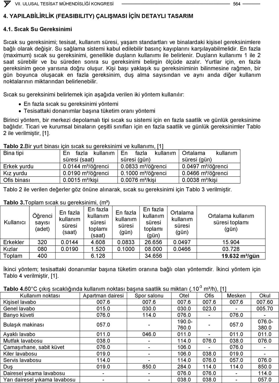 Su sağlama sistemi kabul edilebilir basınç kayıplarını karşılayabilmelidir. En fazla (maximum) sıcak su gereksinimi, genellikle duşların kullanımı ile belirlenir.