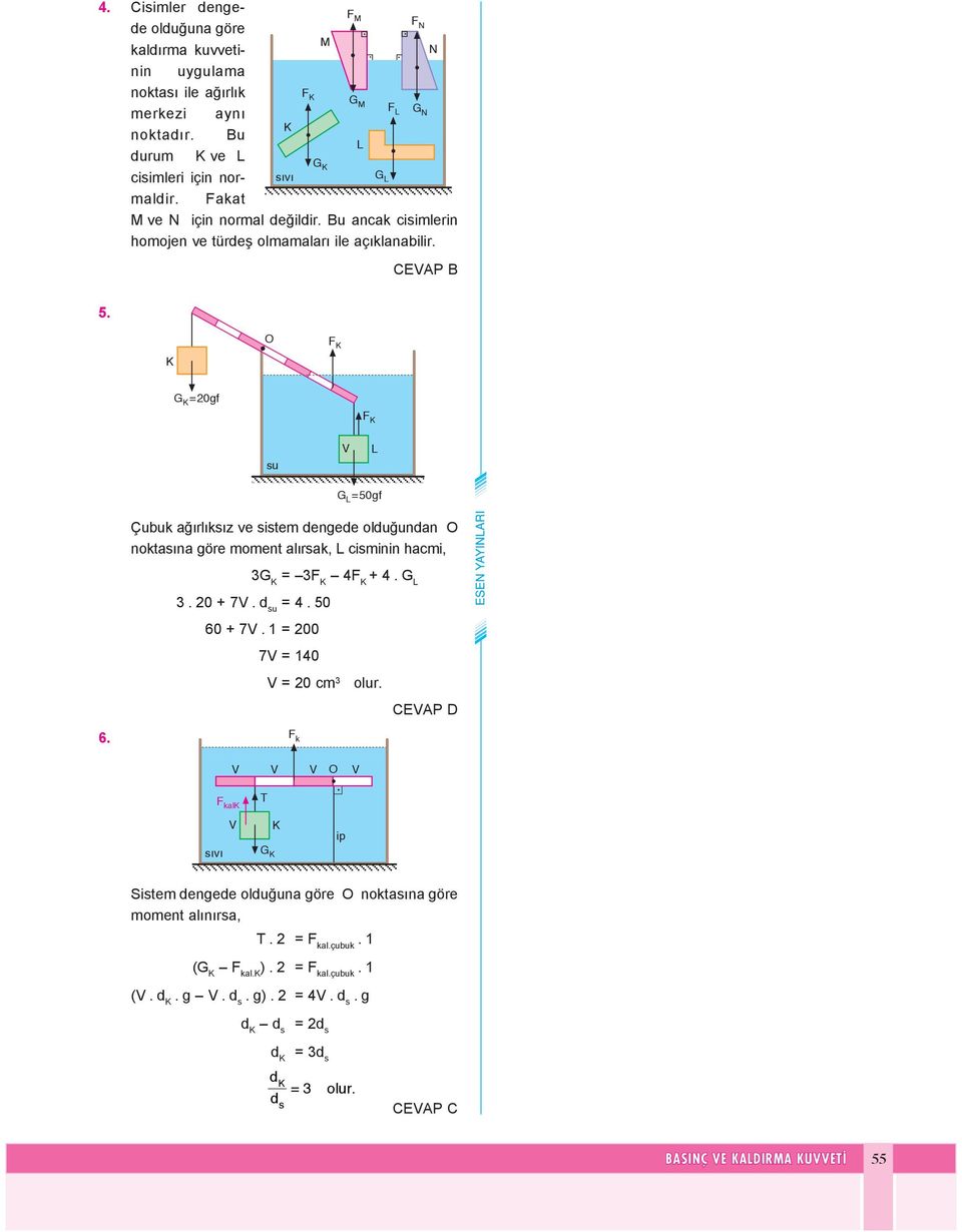 CEAP B 5. O F 0gf F 50gf Çu buk ağır lık sız ve sis tem en ge e ol u ğun an O nok ta sı na gö re mo ment alır sak, cis mi nin hac mi, 6. F 4F + 4.. 0 + 7. 4. 50 60 + 7.