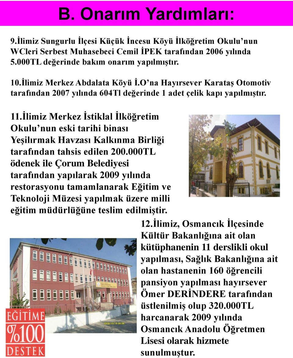 İlimiz Merkez İstiklal İlköğretim Okulu nun eski tarihi binası Yeşilırmak Havzası Kalkınma Birliği tarafından tahsis edilen 200.