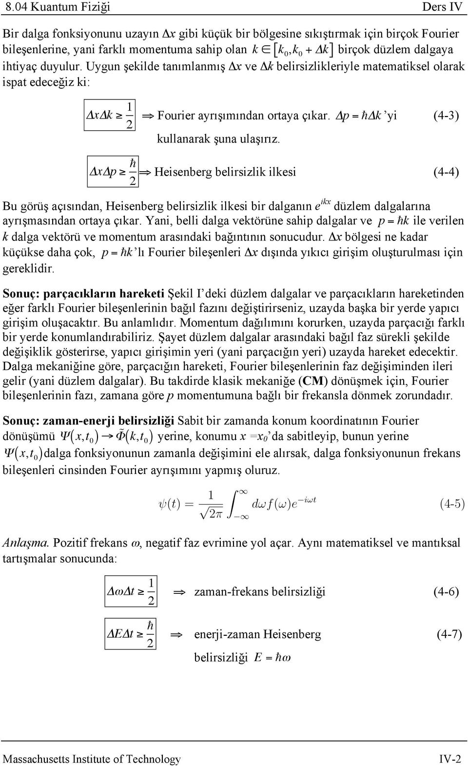 ΔxΔp Heisenberg belirsizlik ilkesi (4-4) 2 Bu görüş açısından, Heisenberg belirsizlik ilkesi bir dalganın e ikx düzlem dalgalarına ayrışmasından ortaya çıkar.