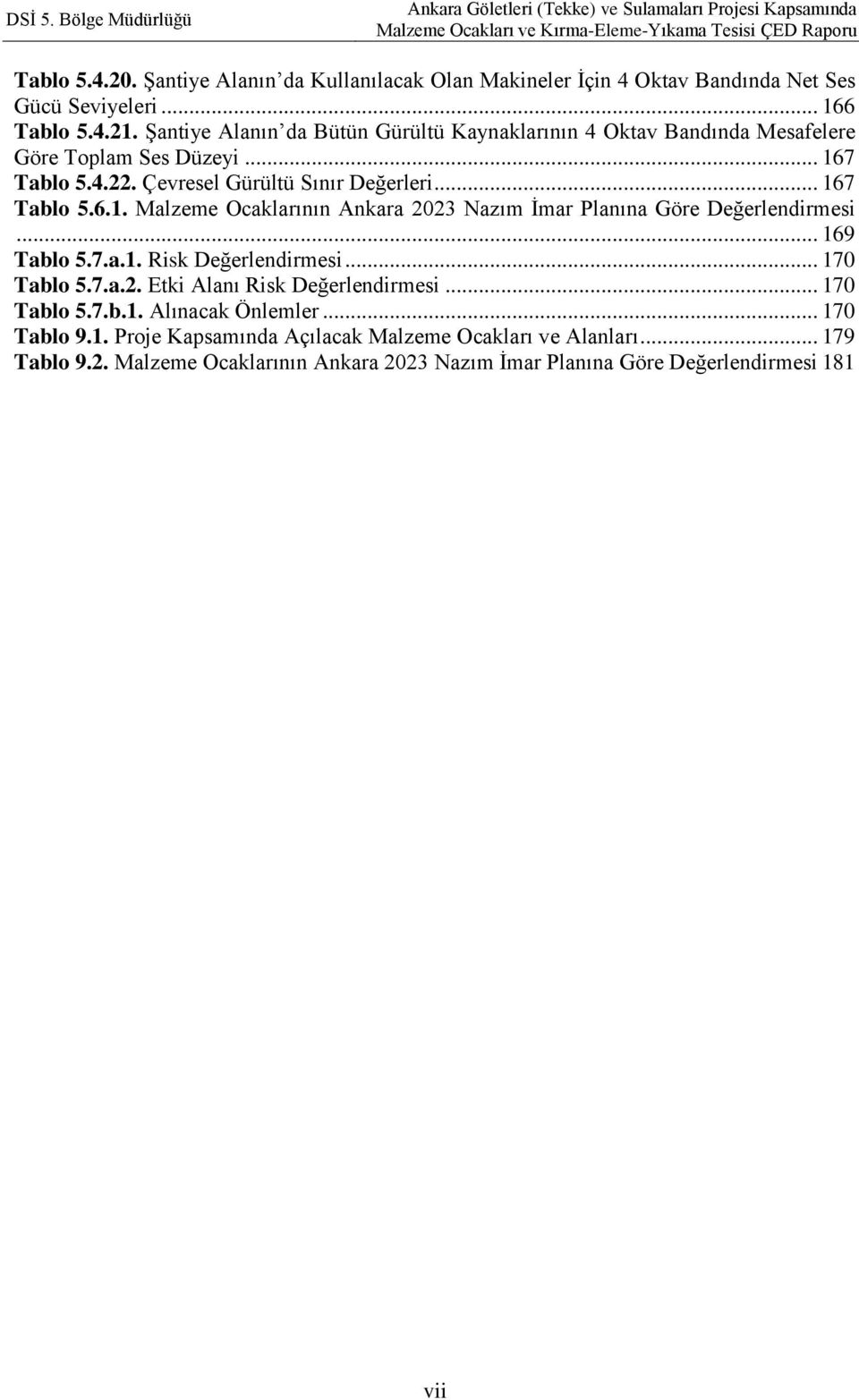 7 Tablo 5.4.22. Çevresel Gürültü Sınır Değerleri... 167 Tablo 5.6.1. Malzeme Ocaklarının Ankara 2023 Nazım İmar Planına Göre Değerlendirmesi... 169 Tablo 5.7.a.1. Risk Değerlendirmesi.