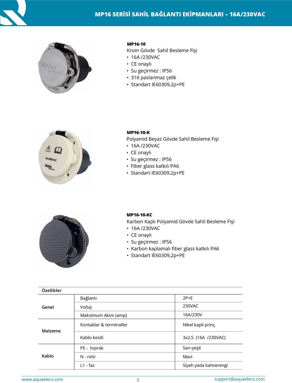 fiber glass katkılı PA6 Standart IE60309,2pPE Özellikler Genel Malzeme Kablo Bağlantı Voltaj Maksimum Akım (amp) Kontaklar &
