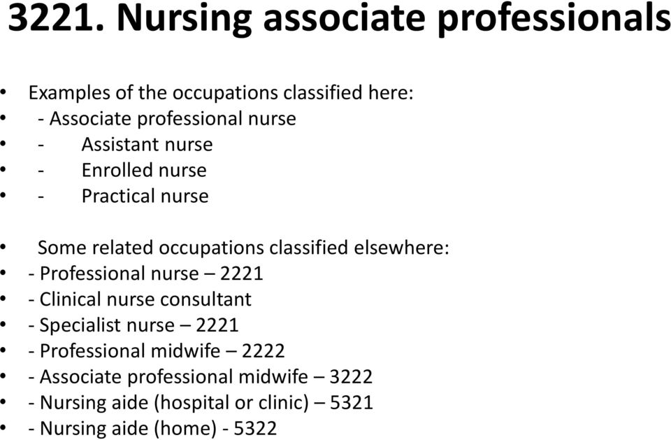 classified elsewhere: - Professional nurse 2221 - Clinical nurse consultant - Specialist nurse 2221 -