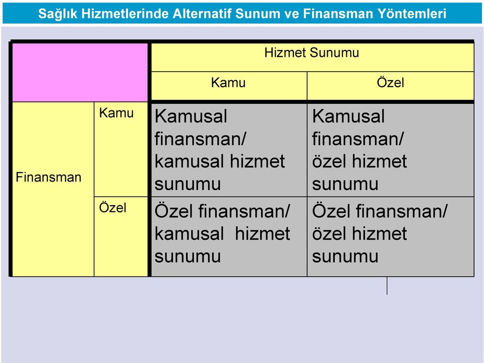 kamusal hizmet sunumu Kamusal finansman/ özel hizmet sunumu Özel