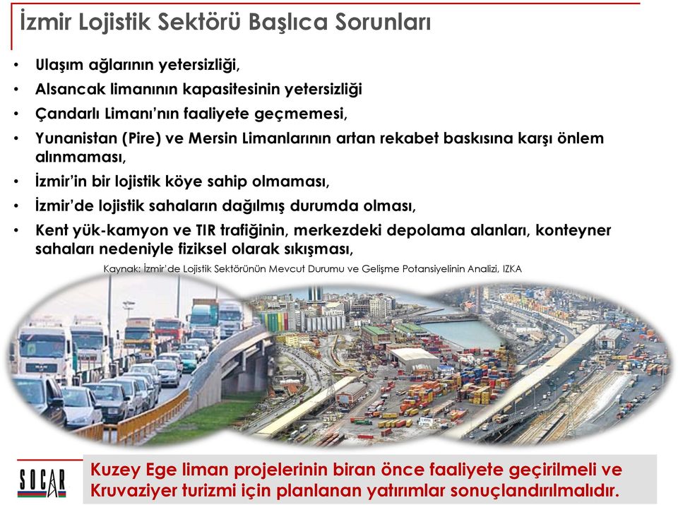 olması, Kent yük-kamyon ve TIR trafiğinin, merkezdeki depolama alanları, konteyner sahaları nedeniyle fiziksel olarak sıkıģması, Kaynak: İzmir de Lojistik Sektörünün