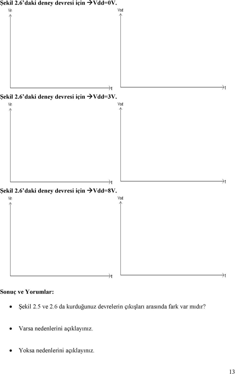 6 daki deney devresi için Vdd=8V. Sonuç ve Yorumlar: Şekil 2.5 ve 2.