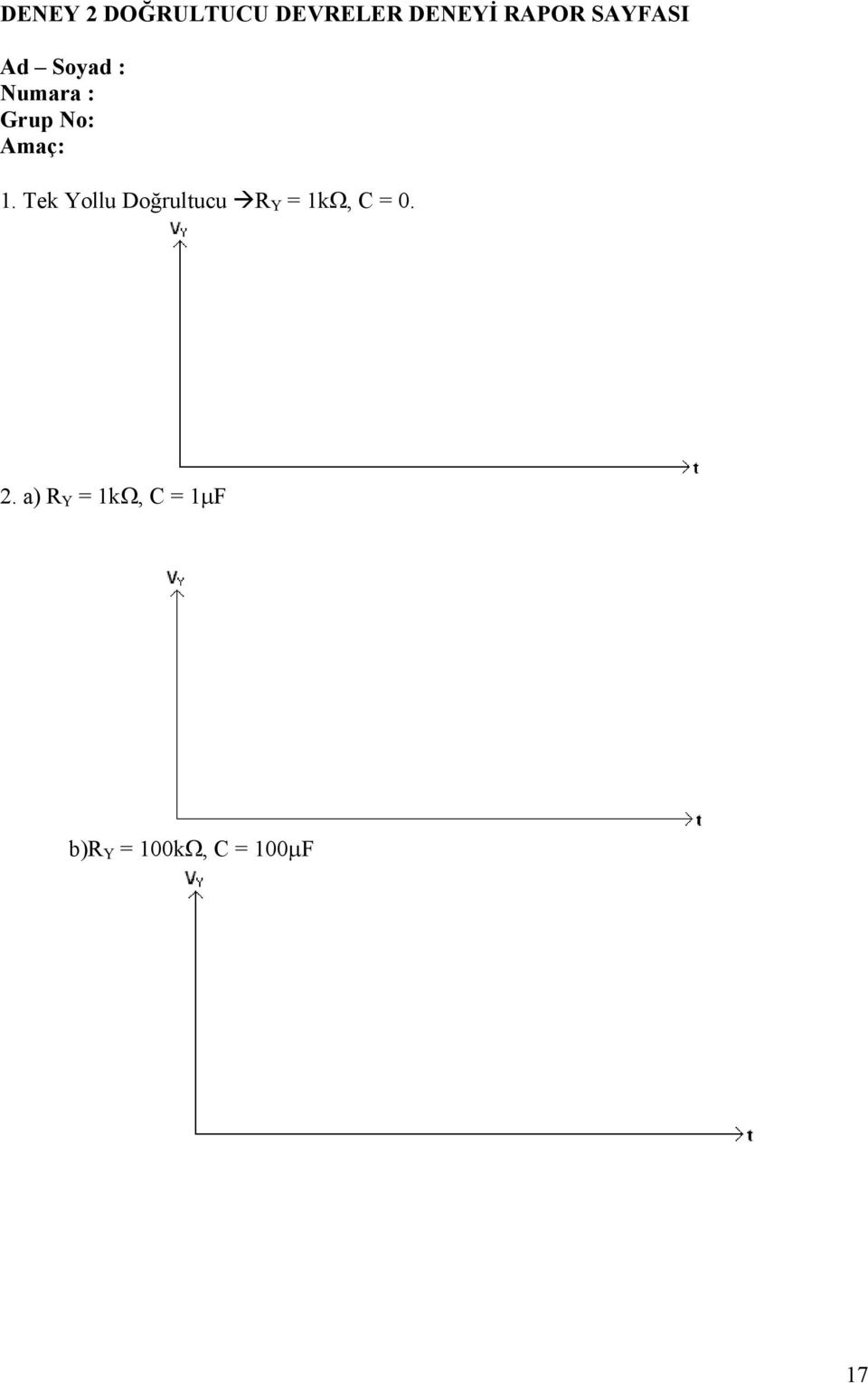 1. Tek Yollu Doğrultucu R Y = 1k, C = 0. 2.