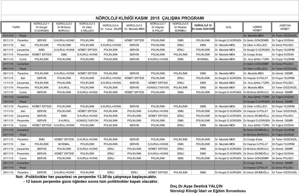 KURUL+KONS İZİNLİ ERTESİ EMG Dr.Nurgül D.GÜRGEN Dr.Selim GÖKDEMİR Dr.Tuğrul DOĞAN 03/11/15 Salı S.KURUL+KONS SERVİS İZİNLİ EMG Dr. Mustafa MEN Dr.Ülker A.KELLECİ Dr.