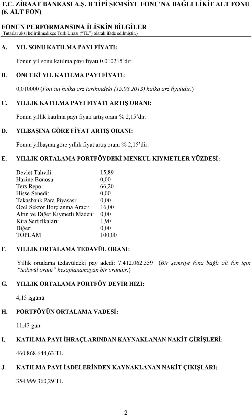 YILBAŞINA GÖRE FİYAT ARTIŞ ORANI: Fonun yılbaşına göre yıllık fiyat artış oranı % 2,15 dir. E.