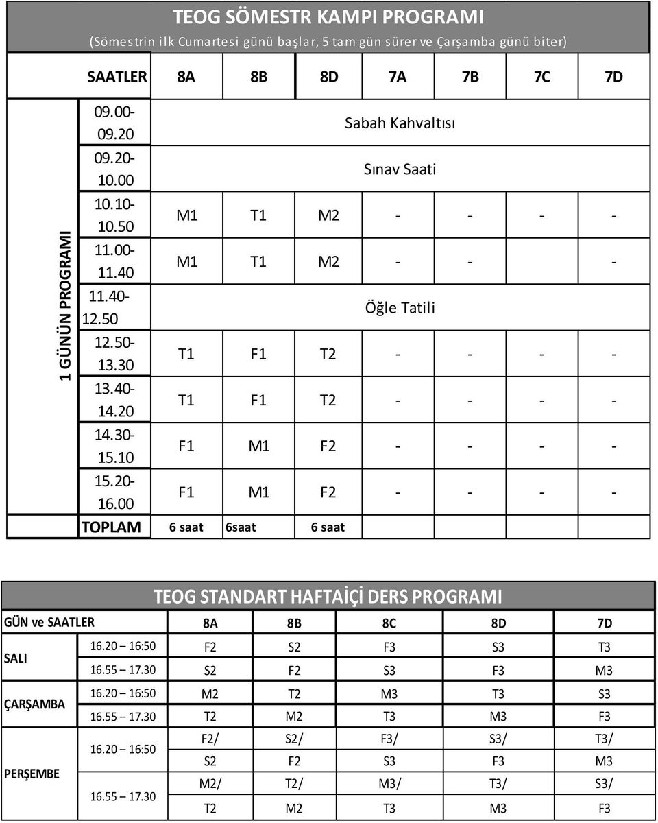 T1 F1 T2 - - - - F1 M1 F2 - - - - F1 M1 F2 - - - - 6 saat Sabah Kahvaltısı Sınav Saati Öğle Tatili TEOG STANDART HAFTAİÇİ DERS PROGRAMI GÜN ve SAATLER 8A 8B 8C 8D 7D SALI ÇARŞAMBA