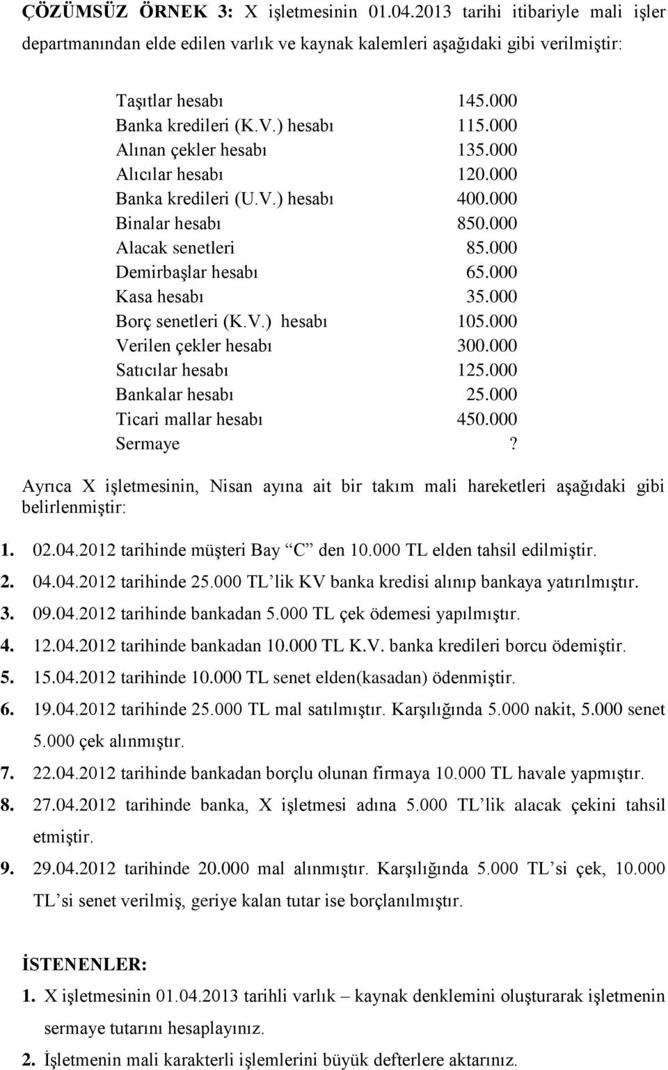 000 Borç senetleri (K.V.) hesabı 105.000 Verilen çekler hesabı 300.000 Satıcılar hesabı 125.000 Bankalar hesabı 25.000 Ticari mallar hesabı 450.