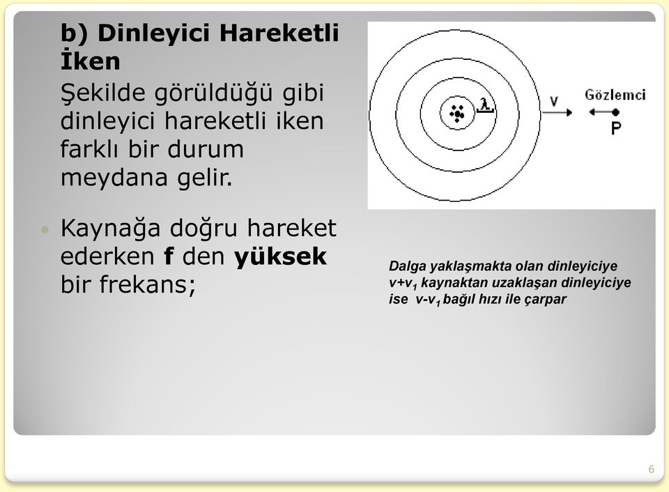 Kaynağa doğru hareket ederken f den yüksek bir frekans; Dalga