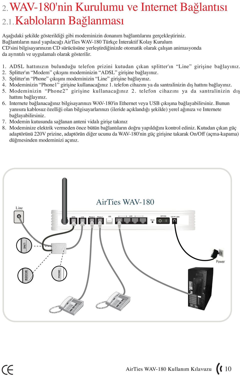olarak gösterilir. 1. ADSL hattınızın bulunduğu telefon prizini kutudan çıkan splitter'ın Line girişine bağlayınız. 2. Splitter'ın Modem çıkışını modeminizin ADSL girişine bağlayınız. 3.