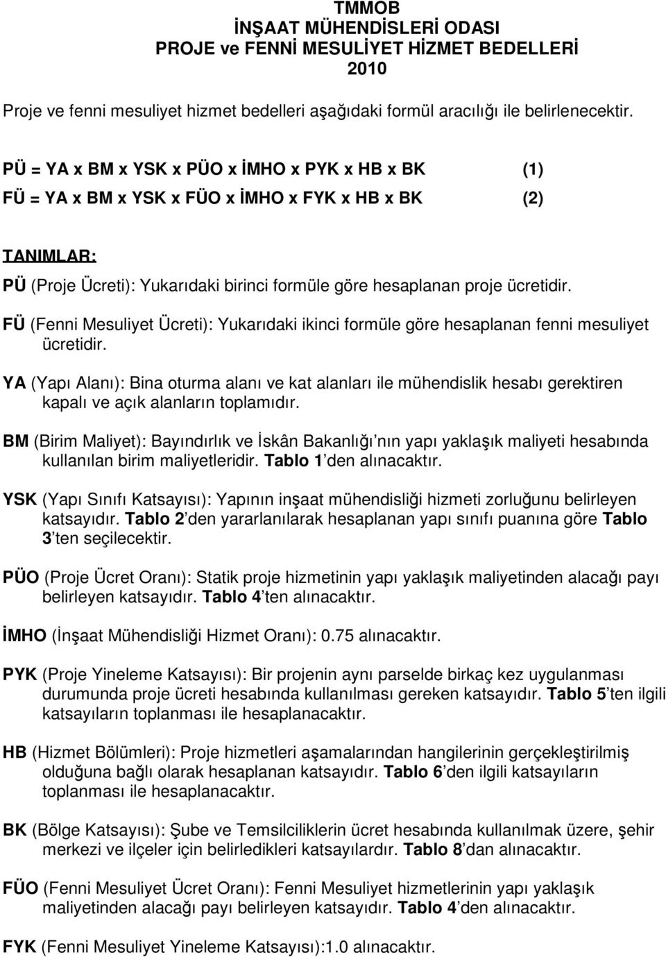 FÜ (Fenni Mesuliyet Ücreti): Yukarıdaki ikinci formüle göre hesaplanan fenni mesuliyet ücretidir.