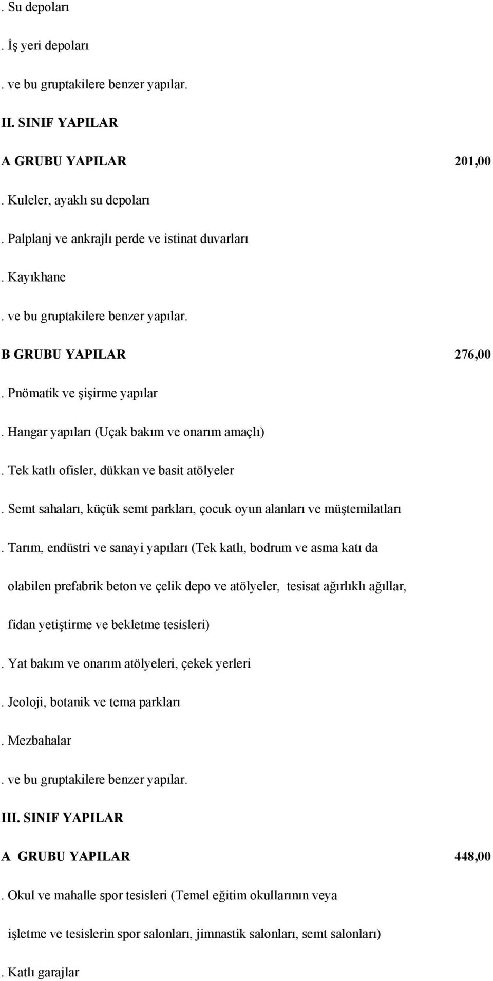 Tarım, endüstri ve sanayi yapıları (Tek katlı, bodrum ve asma katı da olabilen prefabrik beton ve çelik depo ve atölyeler, tesisat ağırlıklı ağıllar, fidan yetiştirme ve bekletme tesisleri).