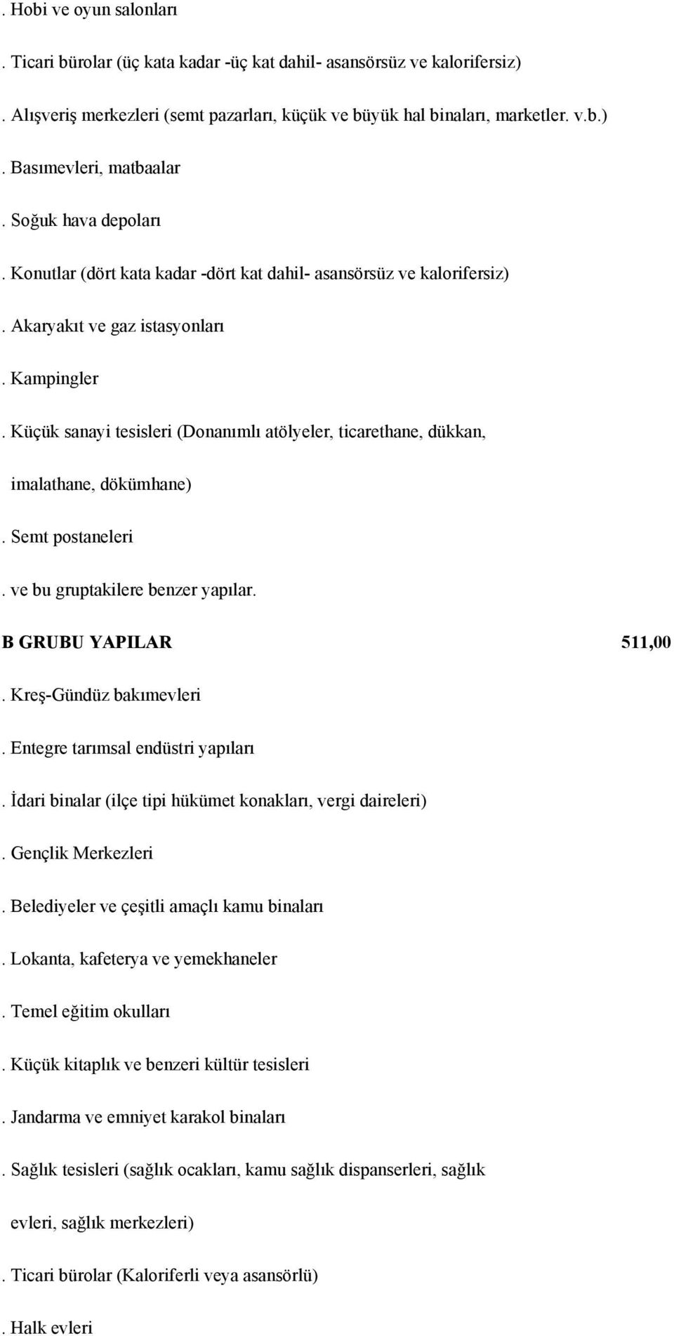 Küçük sanayi tesisleri (Donanımlı atölyeler, ticarethane, dükkan, imalathane, dökümhane). Semt postaneleri B GRUBU YAPILAR 511,00. Kreş-Gündüz bakımevleri. Entegre tarımsal endüstri yapıları.