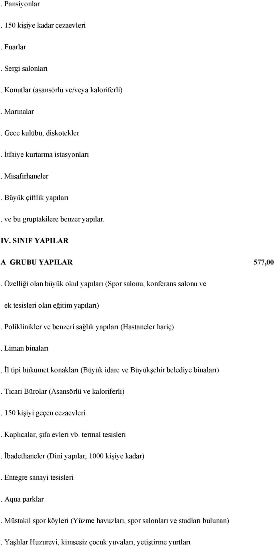 Poliklinikler ve benzeri sağlık yapıları (Hastaneler hariç). Liman binaları. İl tipi hükümet konakları (Büyük idare ve Büyükşehir belediye binaları). Ticari Bürolar (Asansörlü ve kaloriferli).