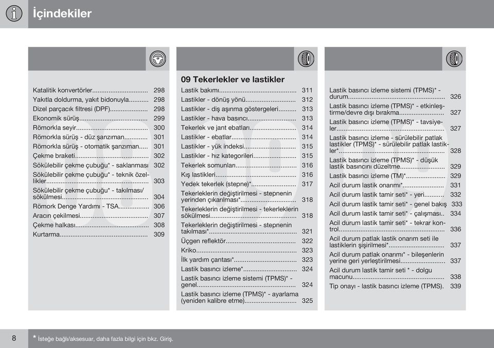 .. 303 Sökülebilir çekme çubuğu* - takılması/ sökülmesi... 304 Römork Denge Yardımı - TSA... 306 Aracın çekilmesi... 307 Çekme halkası... 308 09 Tekerlekler ve lastikler Lastik bakımı.
