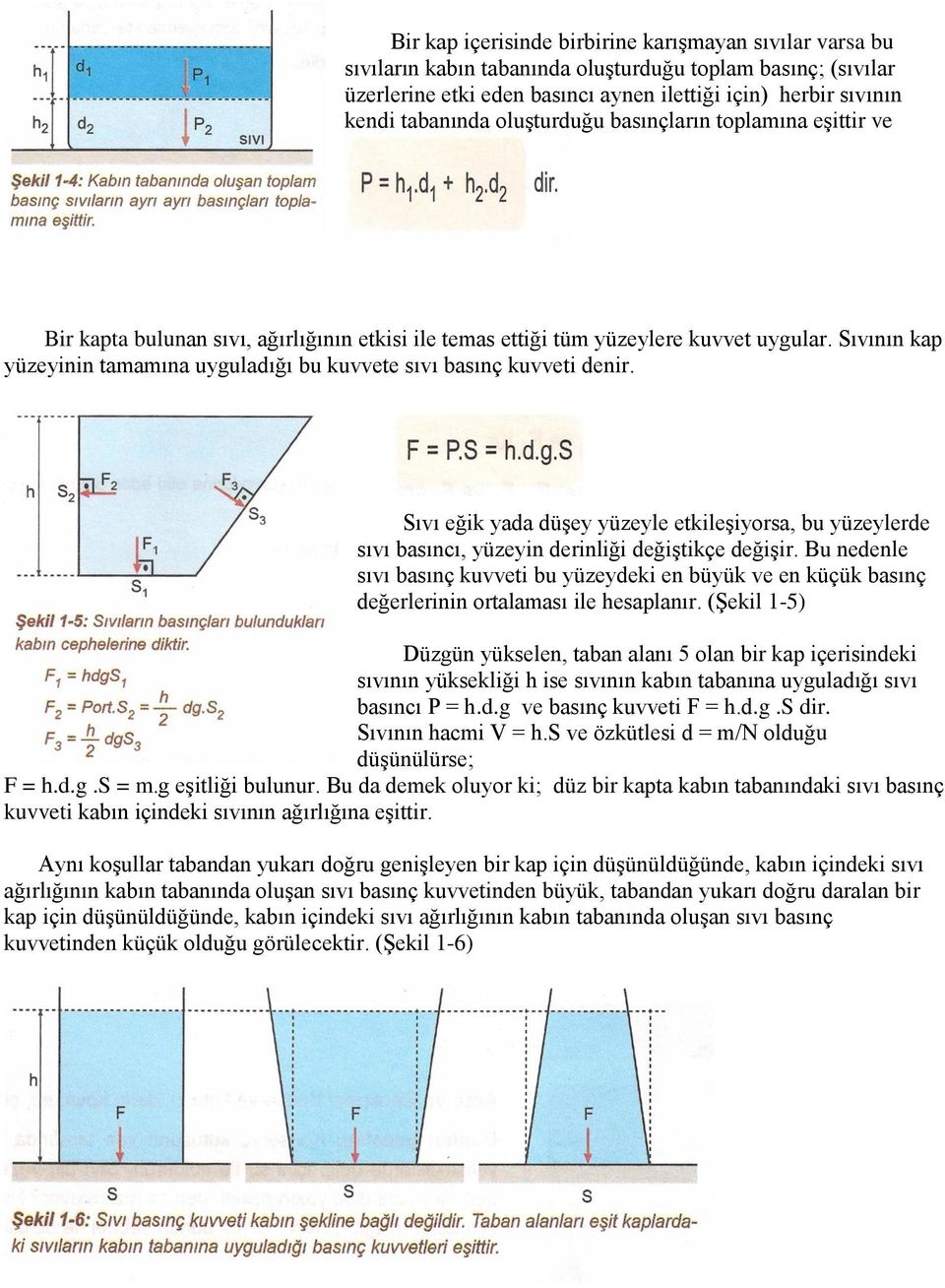 Sıvının kap yüzeyinin tamamına uyguladığı bu kuvvete sıvı basınç kuvveti denir. Sıvı eğik yada düşey yüzeyle etkileşiyorsa, bu yüzeylerde sıvı basıncı, yüzeyin derinliği değiştikçe değişir.