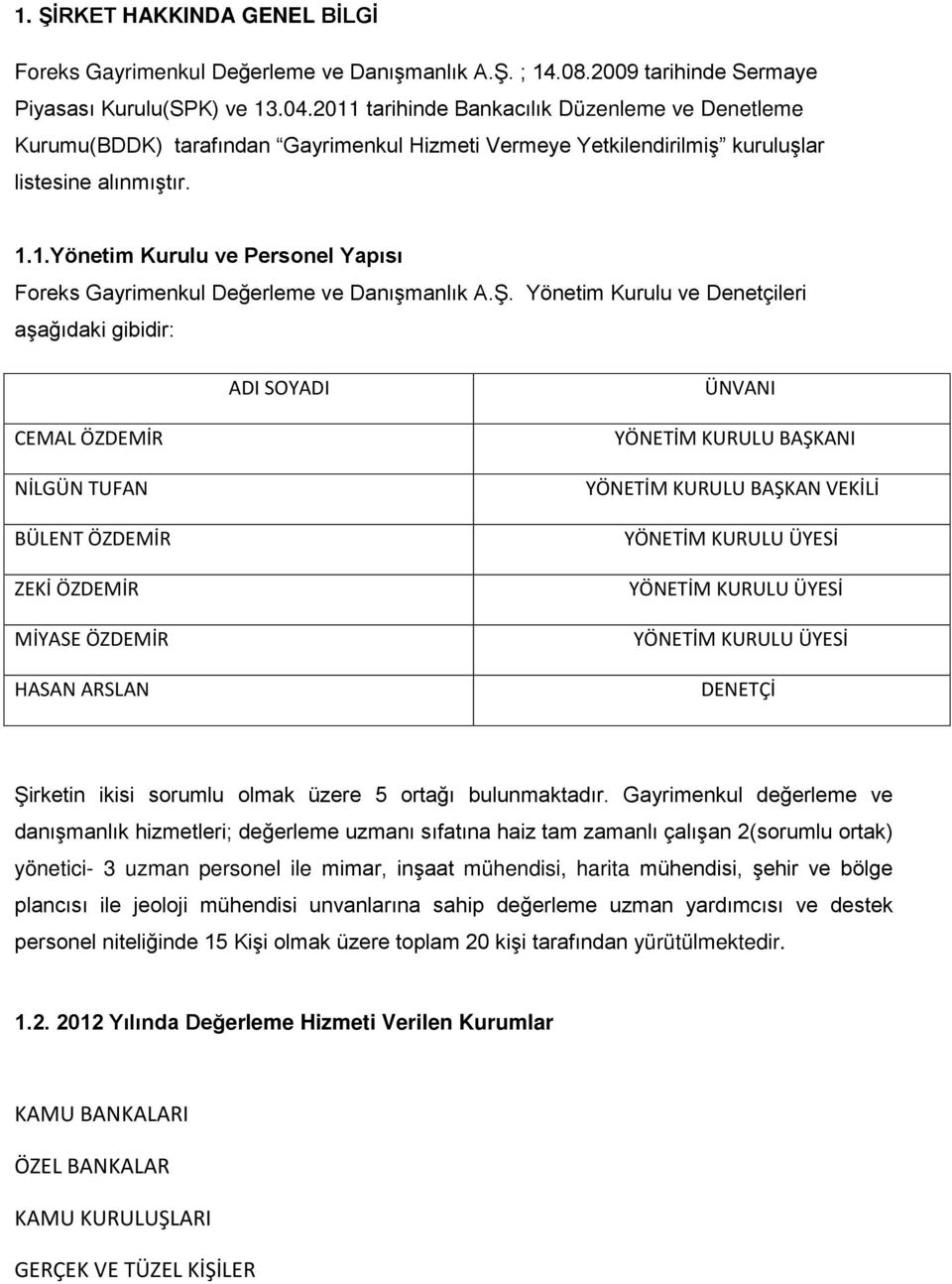 Ş. Yönetim Kurulu ve Denetçileri aşağıdaki gibidir: ADI SOYADI ÜNVANI CEMAL ÖZDEMİR NİLGÜN TUFAN BÜLENT ÖZDEMİR ZEKİ ÖZDEMİR MİYASE ÖZDEMİR HASAN ARSLAN YÖNETİM KURULU BAŞKANI YÖNETİM KURULU BAŞKAN