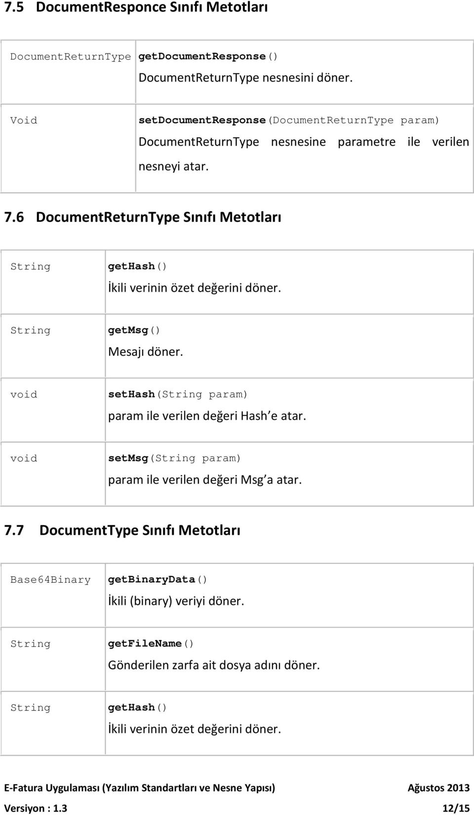 6 DocumentReturnType Sınıfı Metotları String gethash() İkili verinin özet değerini döner. String getmsg() Mesajı döner.