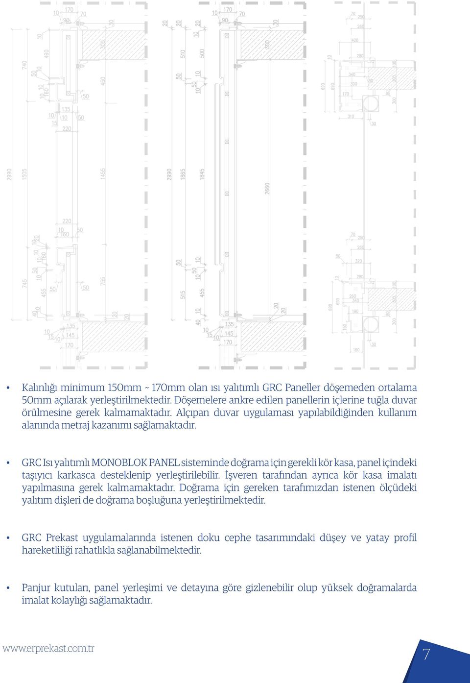 GRC Isı yalıtımlı MONOBLOK PANEL sisteminde doğrama için gerekli kör kasa, panel içindeki taşıyıcı karkasca desteklenip yerleştirilebilir.